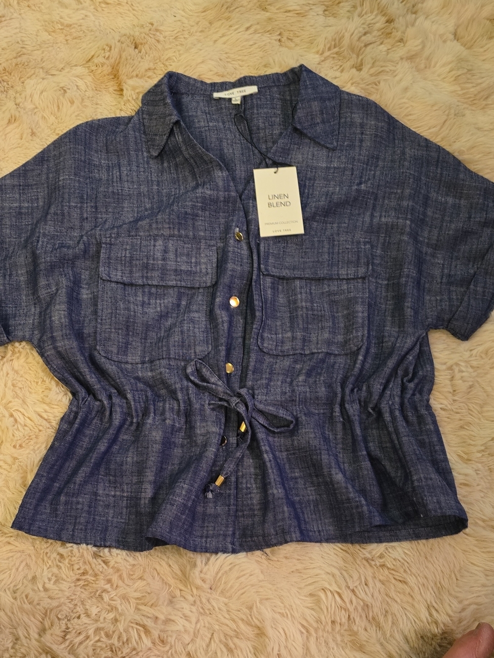 Love Tree Juniors Blue Short-Sleeve Button Front Drawstring Top